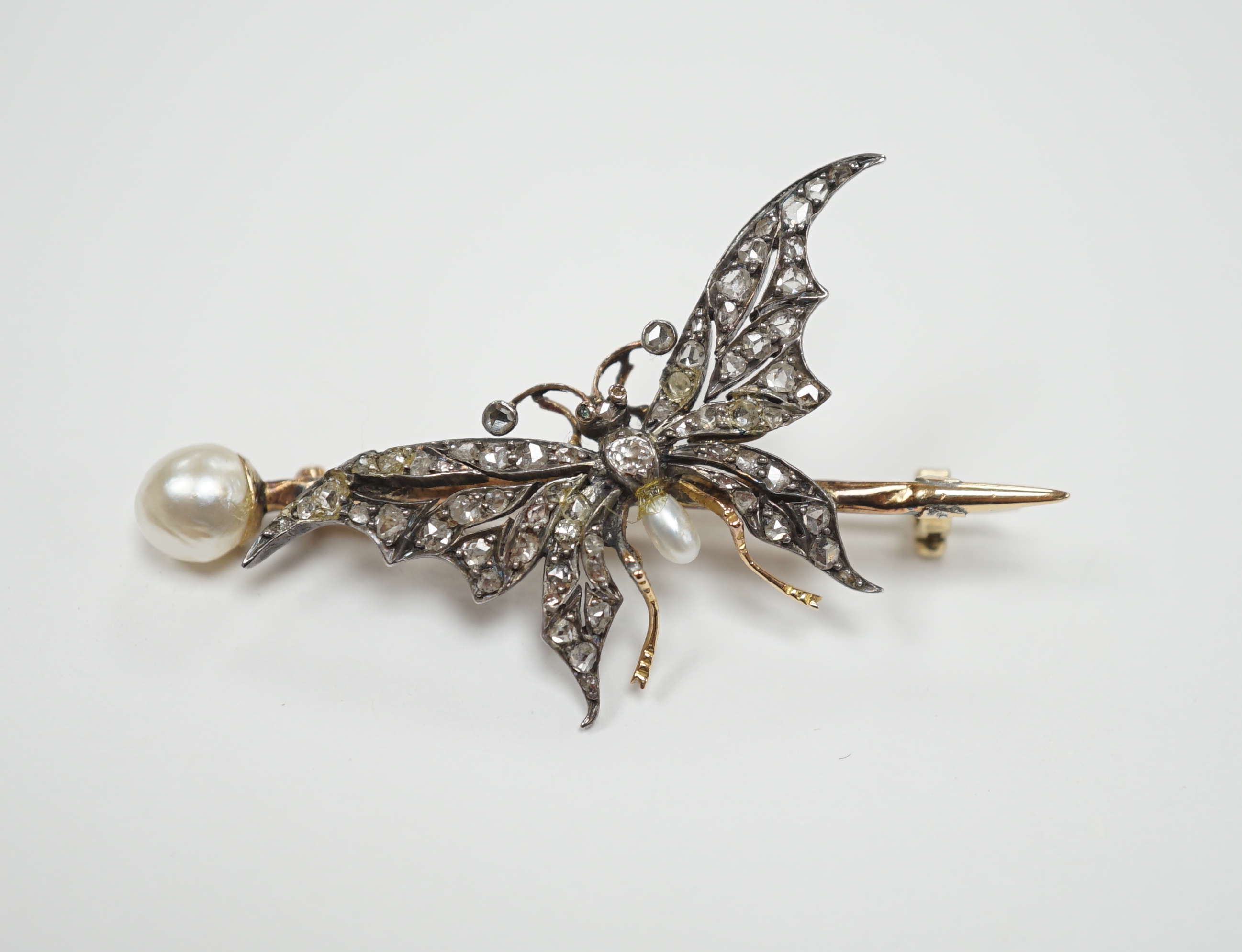 A late Victorian yellow metal baroque pearl drop and rose cut diamond cluster set bug brooch, 48mm, gross weight 4.2 grams, in fitted leather case (a.f.).